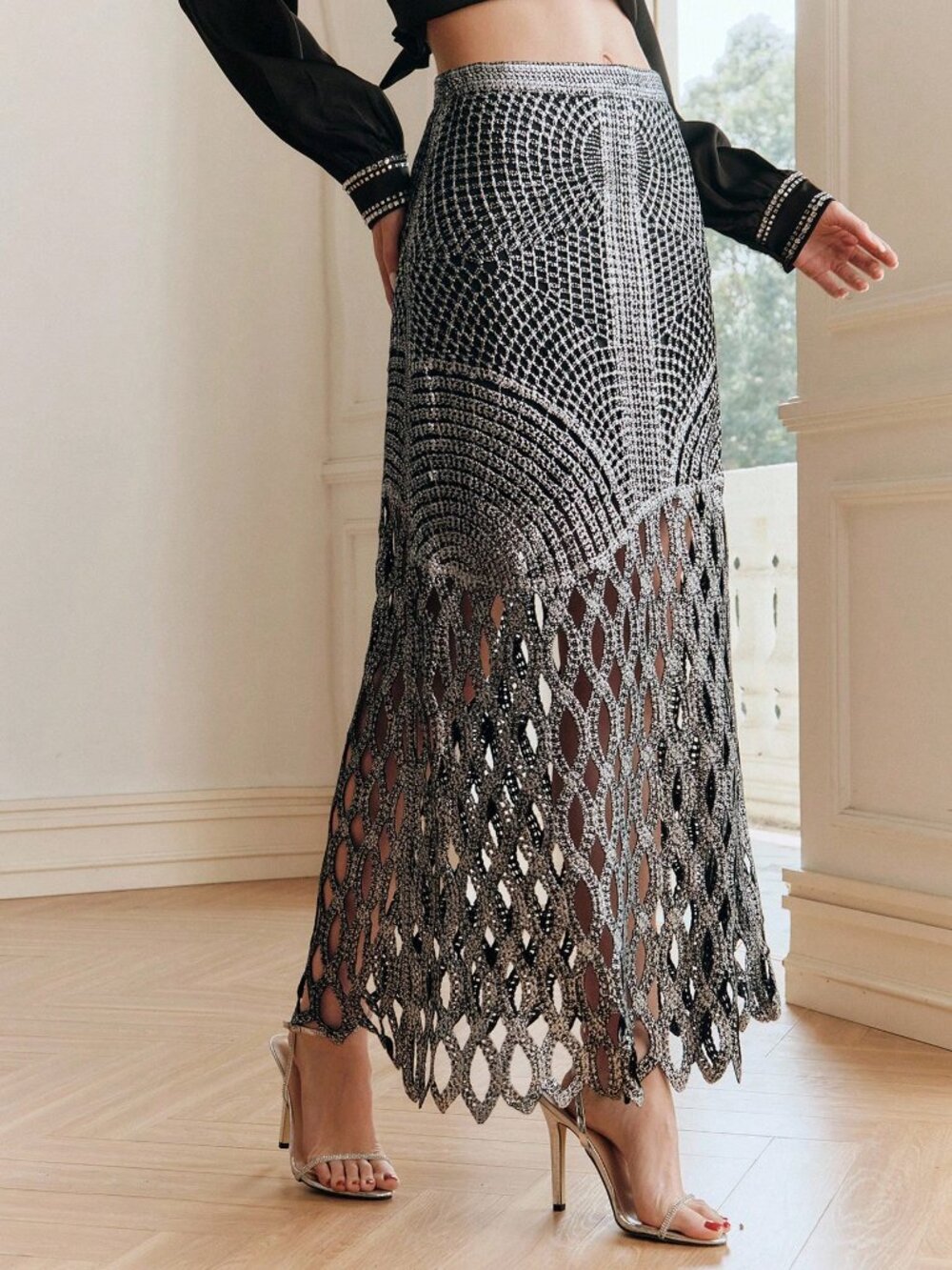 Black And White Casual Women's Macrame Hollow Out Crochet Midi Skirt